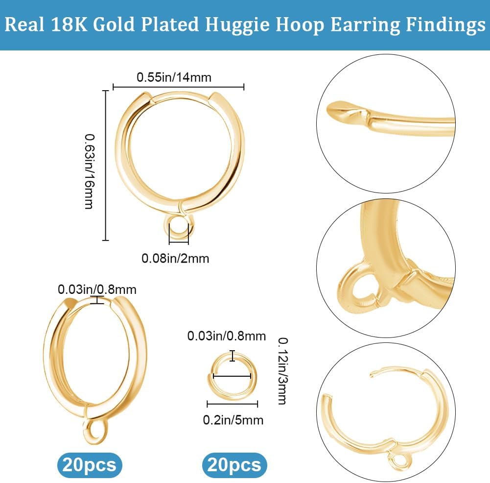 Beebeecraft 1 Box 20Pcs Round Leverback Earring Hooks 18K Gold Plated Huggie Hoop Earring Findings with Open Loop for Jewelry Making DIY 16x14mm