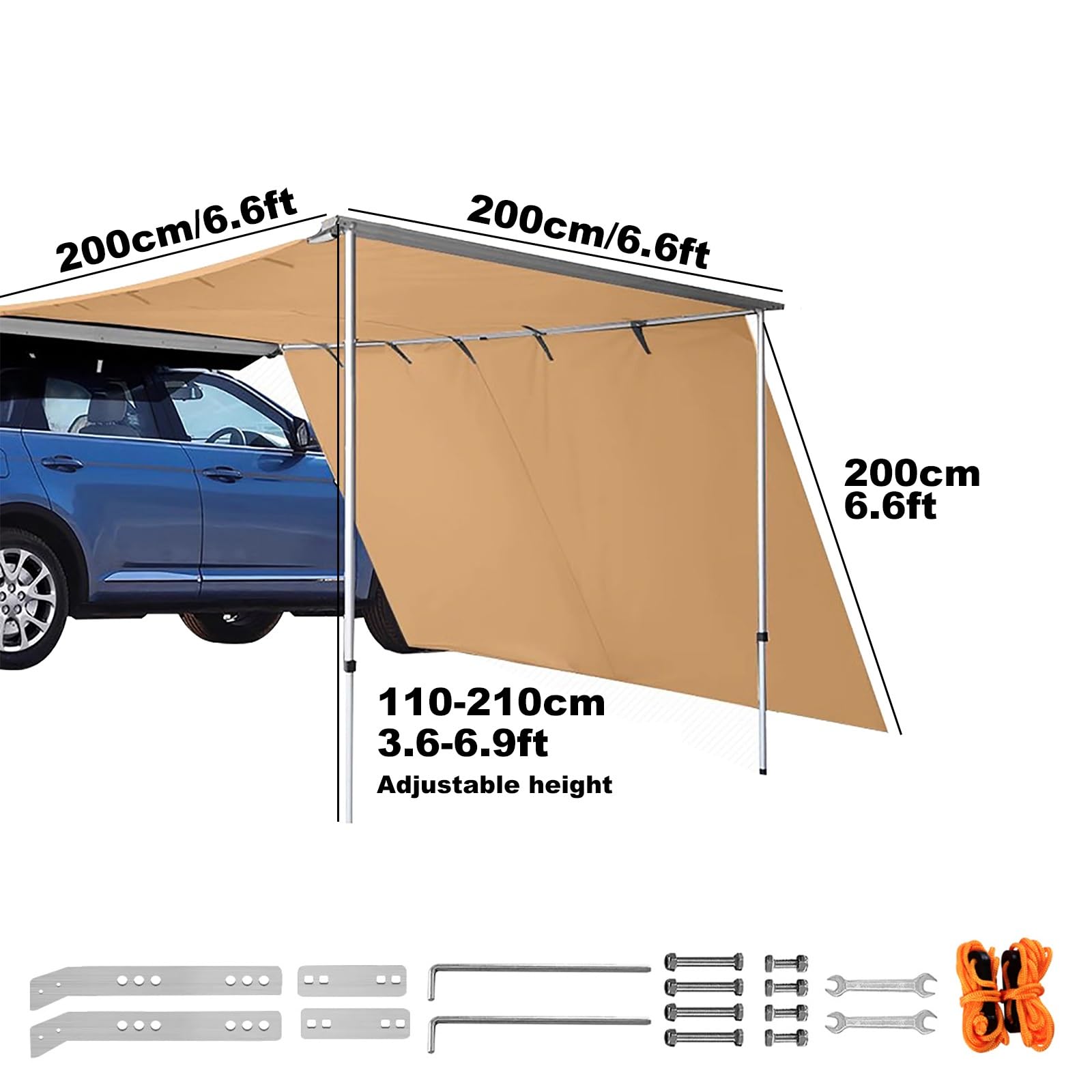 Auto Markise, Fahrzeugmarkise, Seitenmarkise (einziehbar) mit Seitenverlängerung, Ausziehbarer Zeltschutz, PU 3000 mm, UV50+, für SUV, Wohnmobil, LKW, Transporter, PKW Usw(200x200cm/6.6x6.6ft)