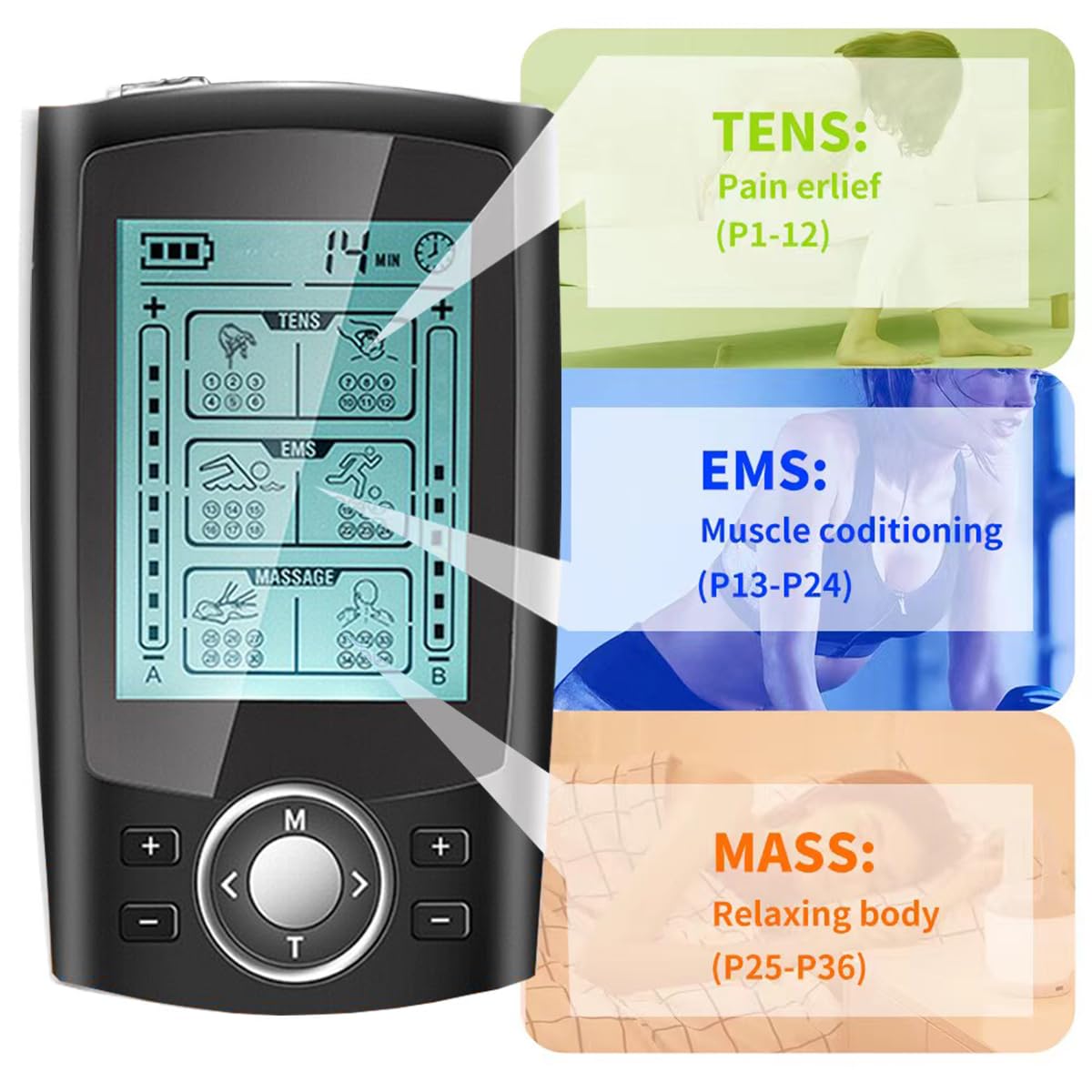 TENS/EMS Digital Electroestimulador Muscular, 36 modos 3 en 1, TENS EMS y Función de Masaje con 10 electrodos para aliviar el Dolor de Espalda, Hombros, Piernas y Cuello