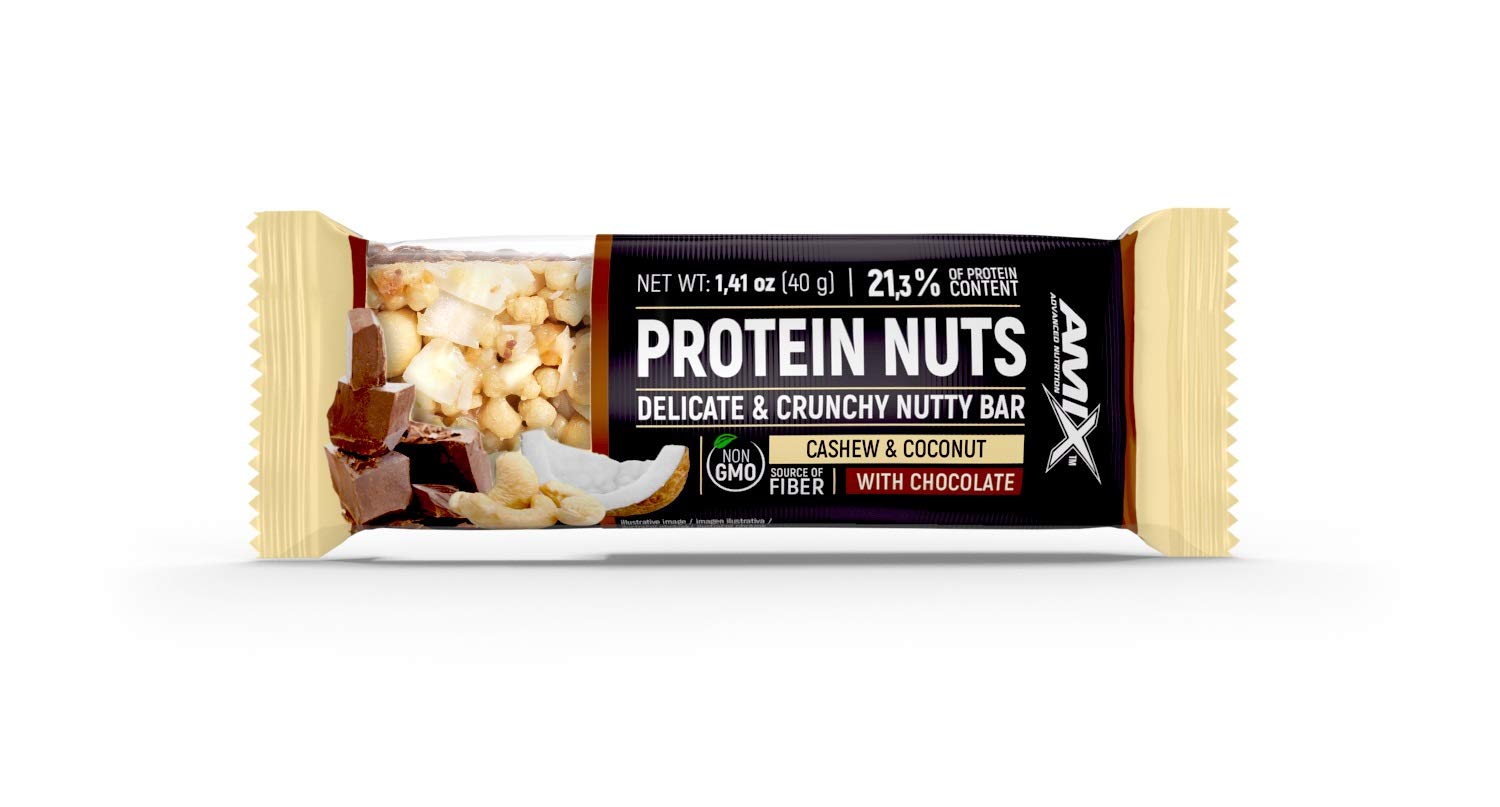 AMIX - Barritas Energéticas Protein Nuts - 25 x 40 g - Fuente de Fibra, Frutos Secos y Ácidos Grasos - Snack con Más de 20% de Proteína - Sabor a Coco y Anacardo