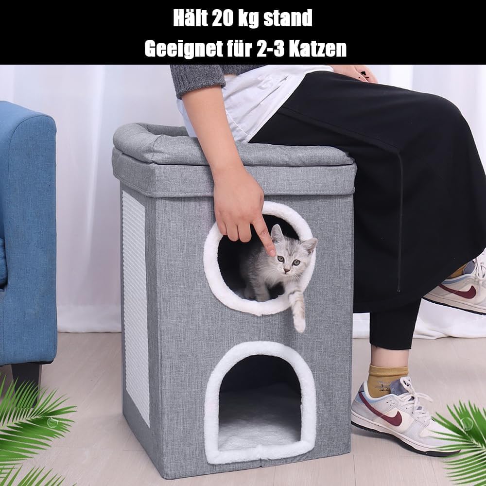 Kratztonne, Katzenkratzbaum mit 2 Katzenhöhle, Kratzturm mit Kratzbrett, Katzenturm mit 3 Ebenen & 3 Matten, Katzentonne für Katzen bis 20 kg, Kratzbaum Katzenmöbel Dunkelgrau