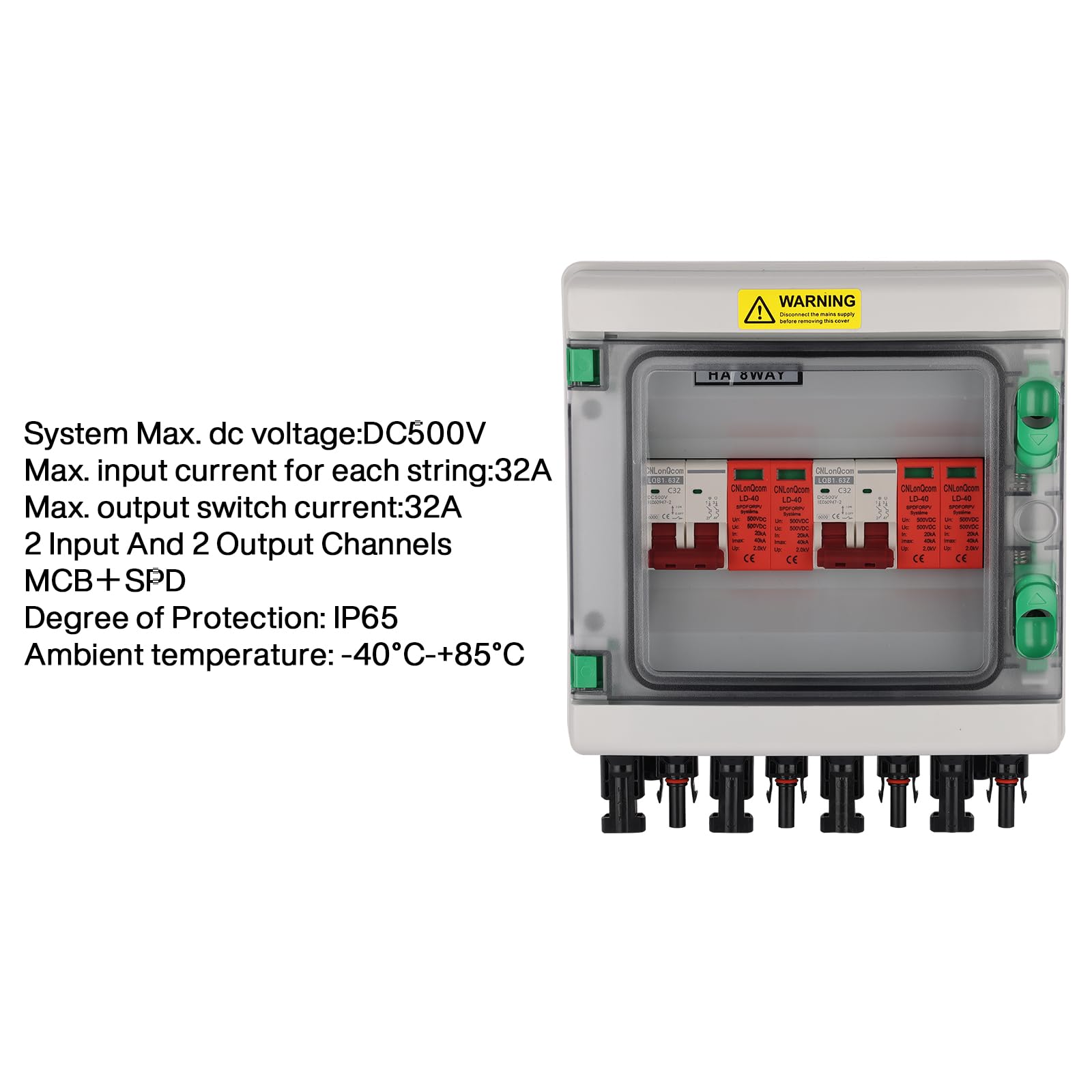 Protezione da sovratensione pv - 500V MCB+SPD scatola di collegamento solare, protezione da fulmini dc interruttore di sezionamento pv impianto 2 string 2 in 2 out, DC Combiner box interruttore