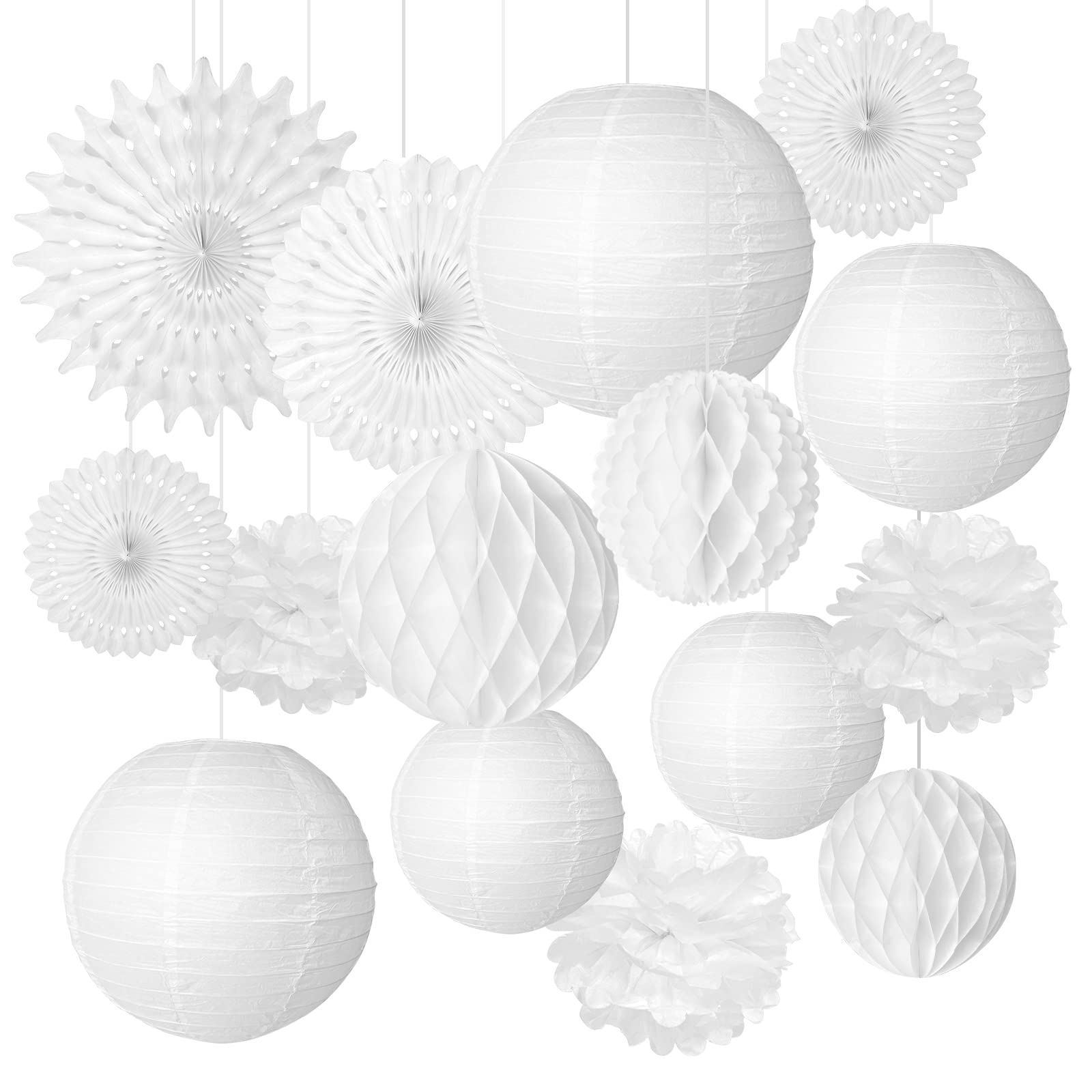 FEPITO Linternas de papel con pompón blanco, decoración para boda, Navidad, vacaciones, evento, fiesta, bautismo, comunión, decoración (15-30cm)