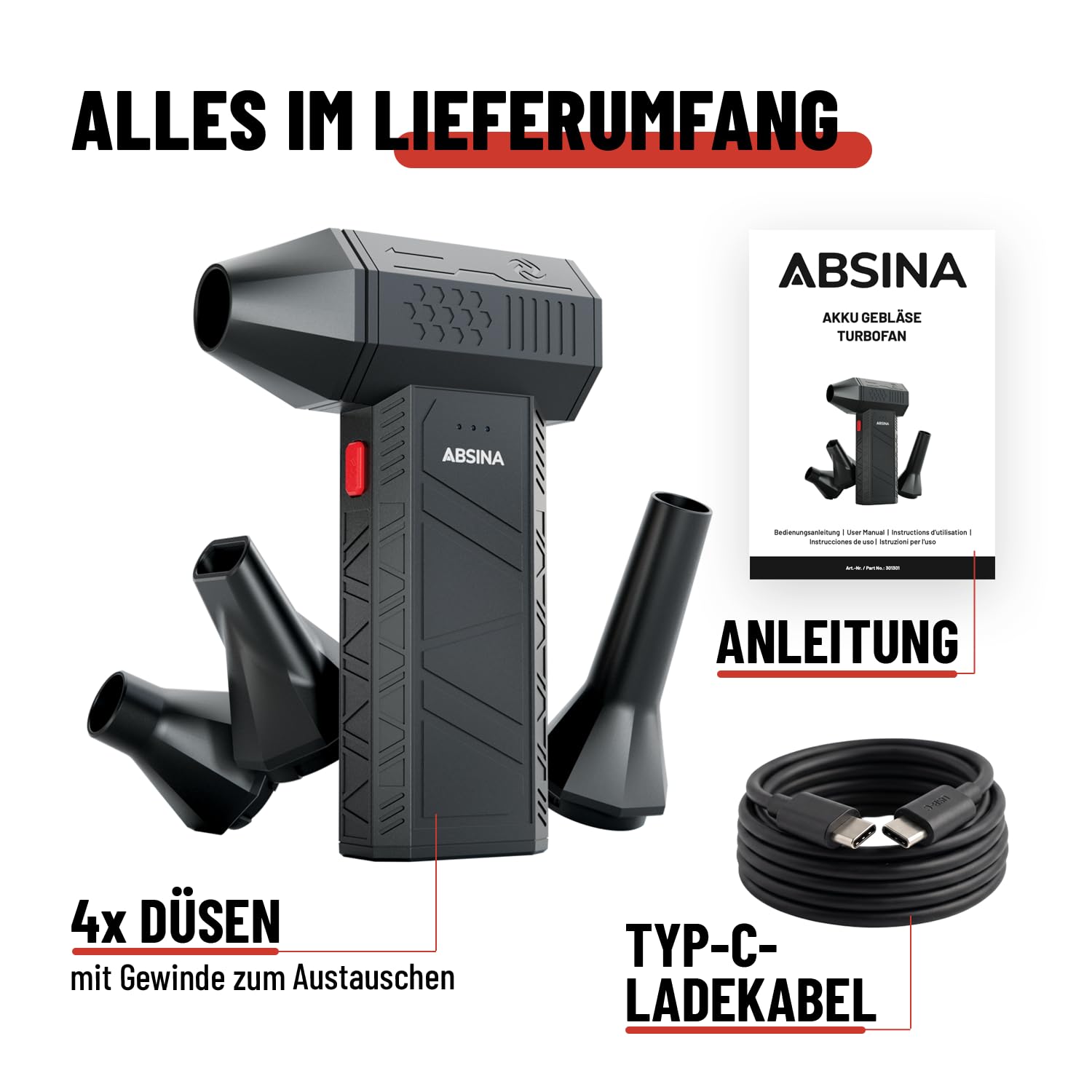 ABSINA Soplador de polvo de aire comprimido 110.000 rpm, 3 velocidades y recargable | Pack de 2 Plumeros eléctricos con 4 boquillas, soplador de batería inalámbrico para PC, teclado, casa, coche, etc