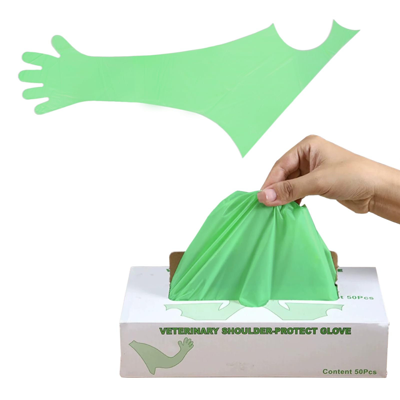 JIAHG 50Pcs Disposable Plastic Long Glove Extra Thick Single Use Long Sleeve Full Arm Shoulders Length Glove for Animal Husbandry Veterinary Checking Cleaning (Green)