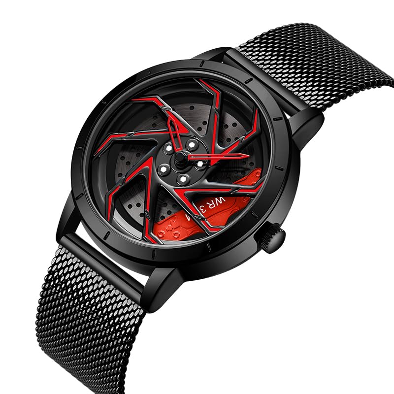 Image of FANMIS Men's Racing Car Wheel Watch 3D Spinning Dial Stainless Steel Watch | Creative 3D Spinning Car Quartz Large Skeleton Face and 30M Water Resistance Designed for Car Fans and Daily Wear.