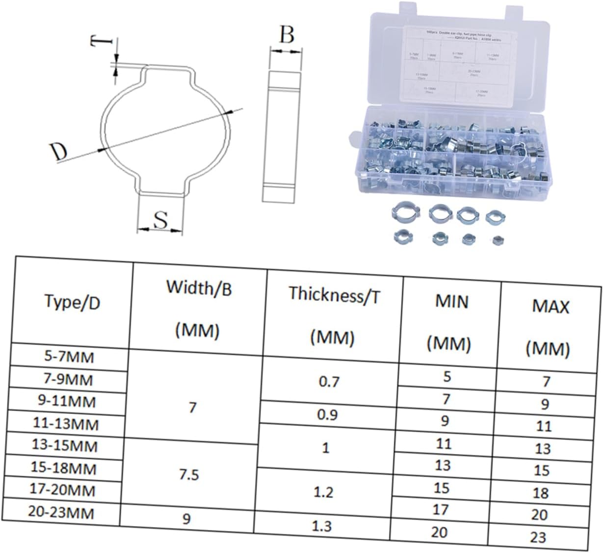 160Pcs Dual Ear Carbon Steel Hose Clamp for Fuel Air and Water Pipes Rounded Design for Hose Protection Convenient Storage Box Included