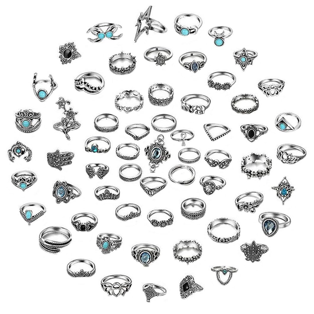 Syglawnd Unisex Silver Vintage Rings Set, Rings Set Vintage Knuckle Ring Stackable Alloy Joint Finger For Women 62Pcs, Ring