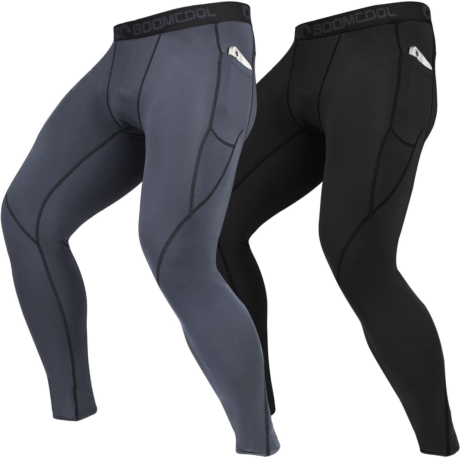Boomcool Men's Black And Gray Compression Pants With Pockets, Running Tights Leggings Workout Dry Baselayer Gym Athletic Yoga Pants