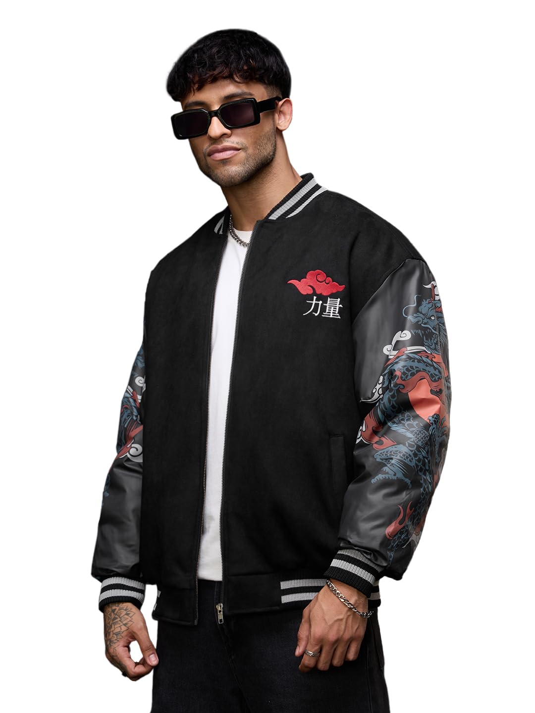 the souled store Bomber Jacket: Dragon Men and Boys Full Sleeves Spread Collar Black Graphic Printed Polyester Oversized Fit Lightweight Winter Bomber Jacket-picture-38