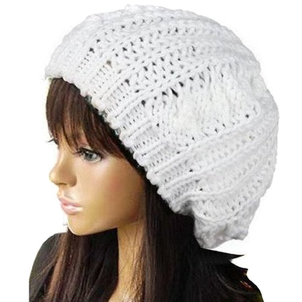 HugeStore Women Ladies Winter Warm Slouch Chunky Crochet Beanie Cap Hat Baggy Beret Hat Cap White