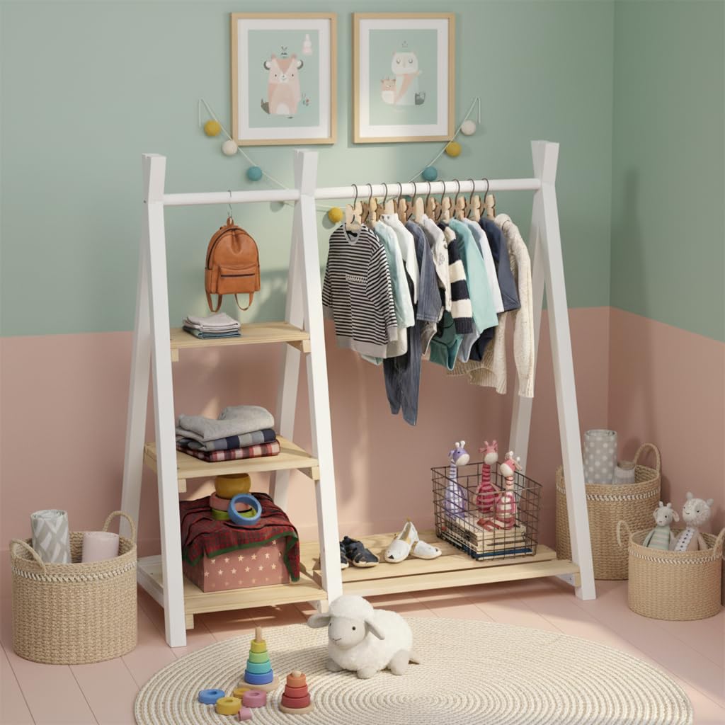 Bellabino Ryck Kleiderstange für Kinder – Kleiderständer aus Massivholz Natur/Weiß mit 4 Ablageflächen – Montessori Kindergarderobe für Jungen & Mädchen – Garderobe mit Schuhablage für Kinderzimmer