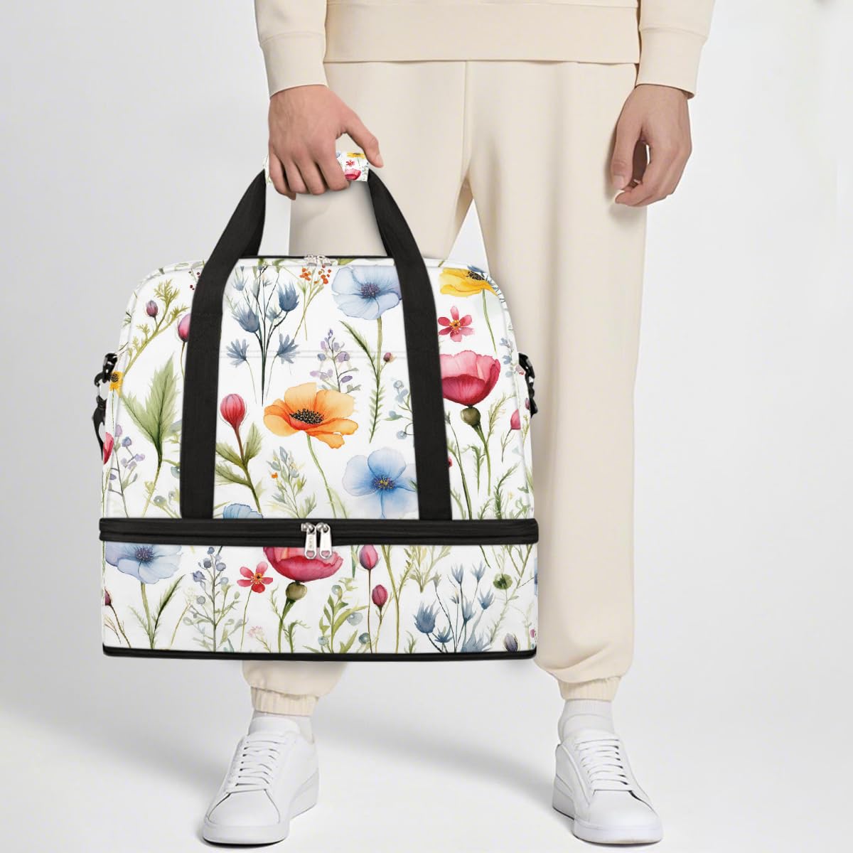 Borsone da viaggio pieghevole con motivo floreale ad acquerello, borsa da palestra espandibile con scomparto per scarpe, grande capacità, borsa da weekender, borsa da viaggio, sport, viaggi notturni