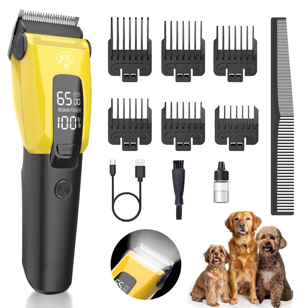Rasuradora Para Perro y Gatos Profesional EléCtrico，Maquina Para Cortar Pelo de Perro Kit de Peluquería,Dog Grooming Kit,Con Ajuste de Engranajes y Pantalla Inteligente, de Bajo Ruido, Con 6 Peines, Adecuado Para Todo Tipo de Recorte de Mascotas (Amarillo)
