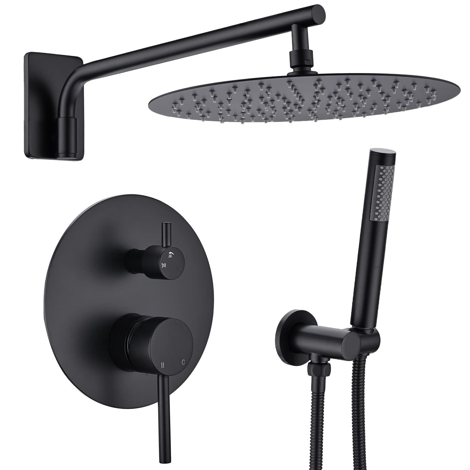 12-calowy mosiężny zestaw prysznicowy, bateria prysznicowa ścienna do łazienki z okrągłą głowicą deszczową o średnicy 30 cm i słuchawką prysznicową, mosiężny zawór mieszający wodę ciepłą i zimną, ma