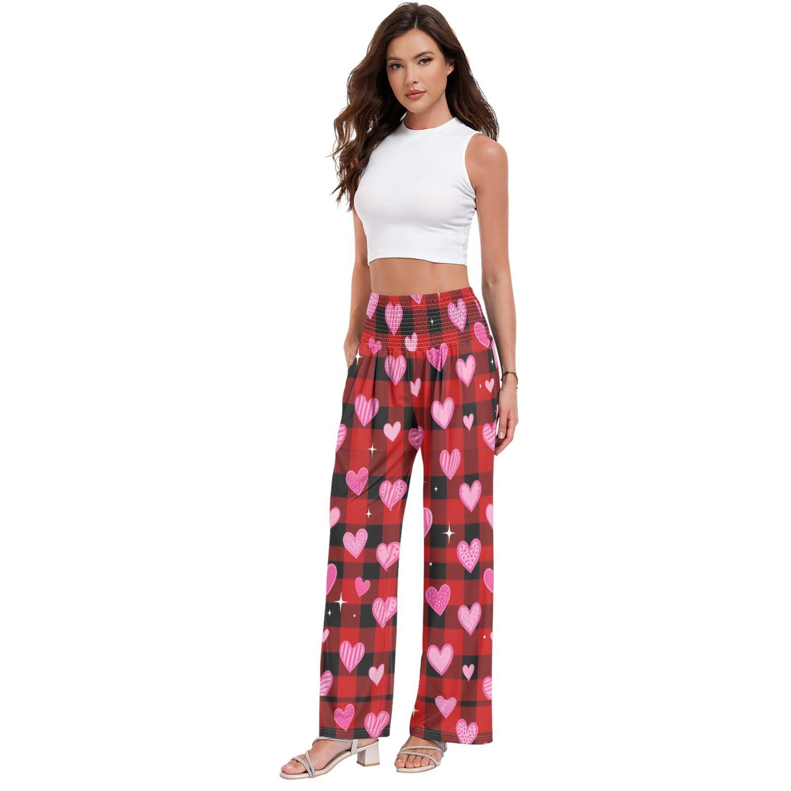 Pantalones de pierna ancha con corazones a cuadros para mujer, ligeros, con tacto modal