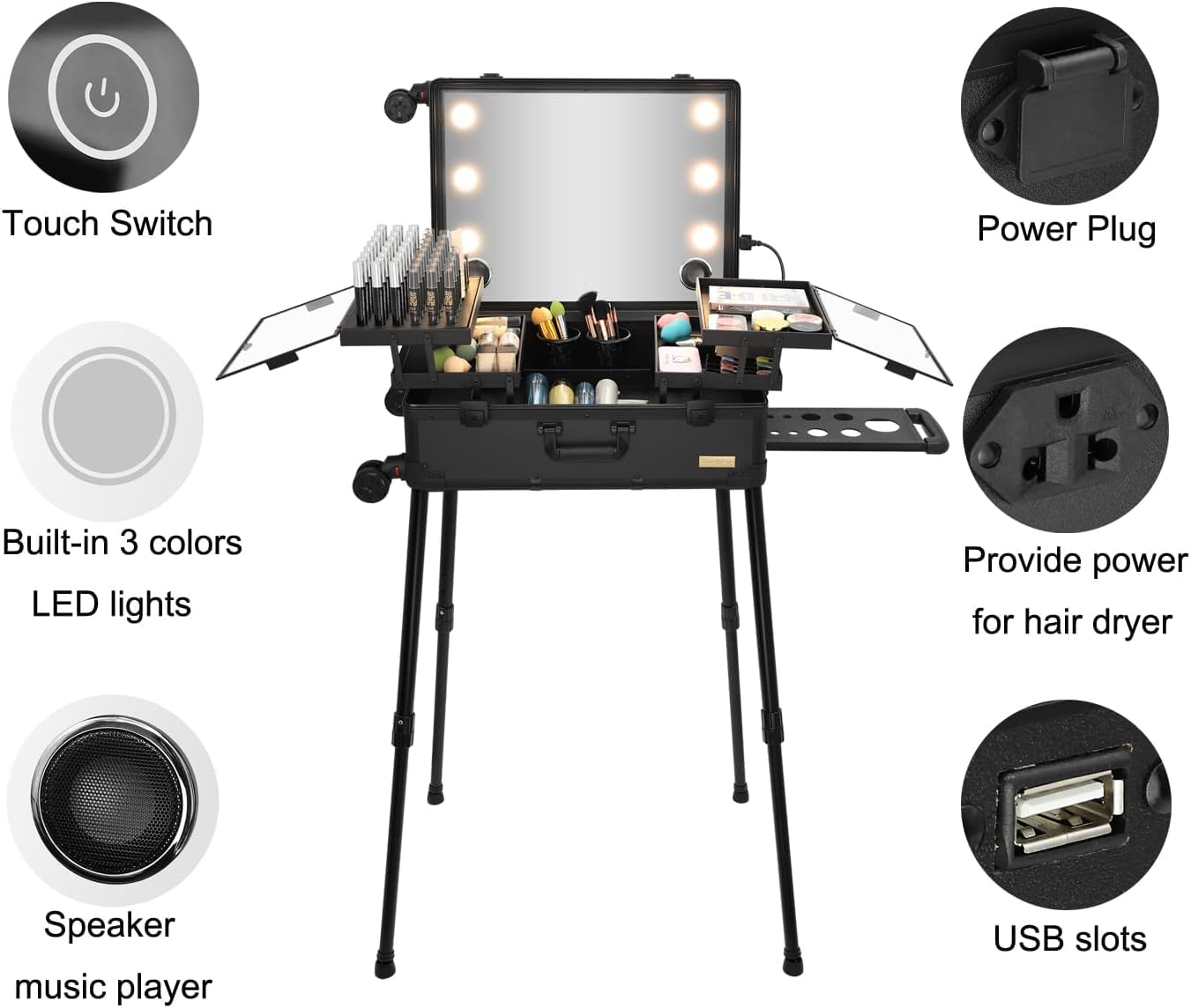 SHAMAX® Aluminum Professional Rolling Cosmetic Makeup Trolley Suitcase Train Case with Lighted Mirror LED Light Cosmetic Organizer Beauty Artist Trolley Studio (Black) 1