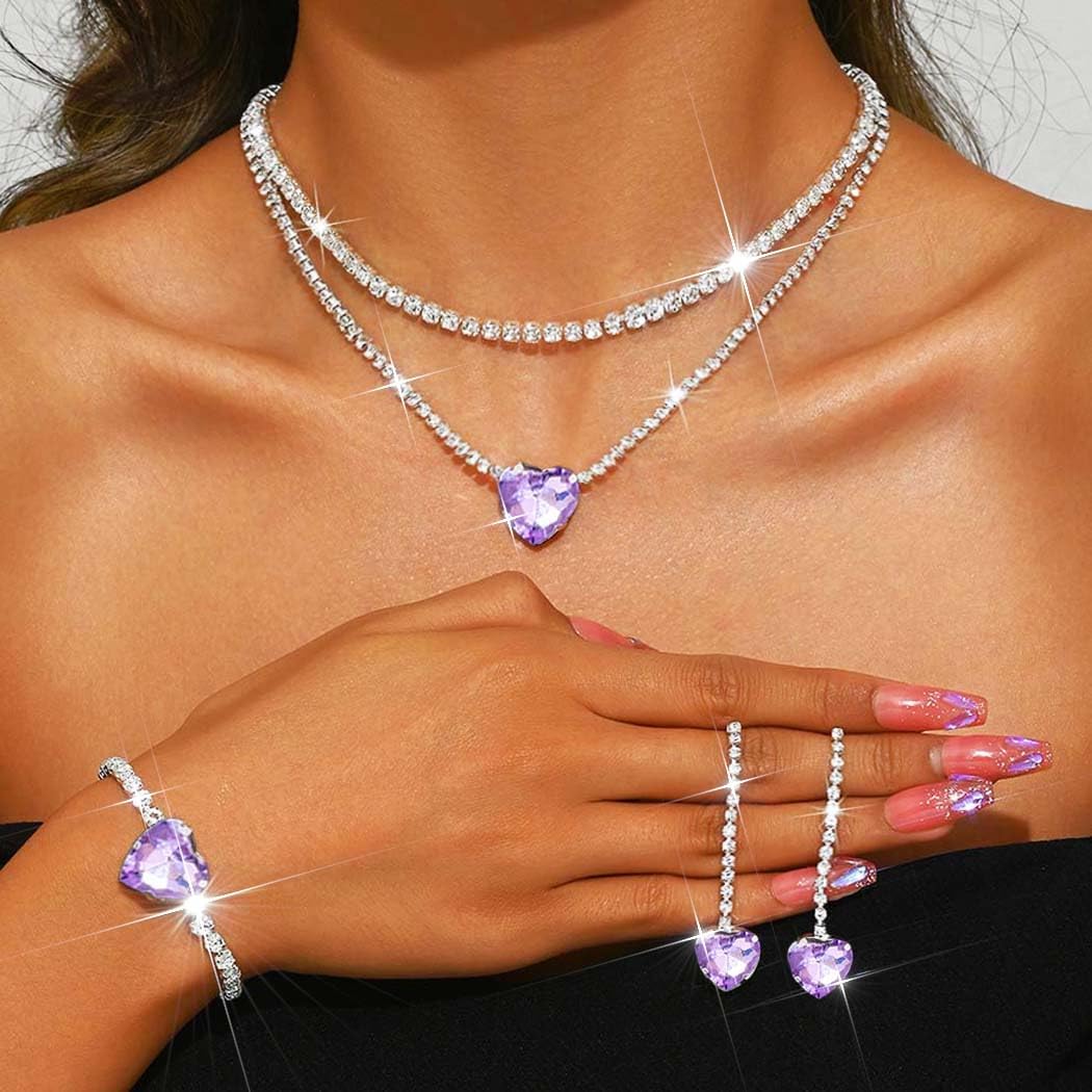 Unicra Silver Rhinestone Necklace Earrings Bracelet Sets Bridal Wedding Jewelry Set Heart Costume Jewelry Sets for Women and Brides