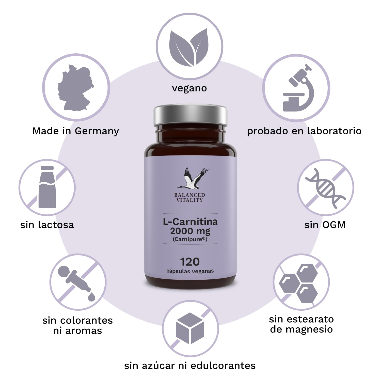 L-Carnitina Alta Dosis - 2000 mg - Premium: Carnipure® por el Lonza - 120 cápsulas vegetales - Probado en laboratorio - Sin aditivos - Made in Germany - Balanced Vitality