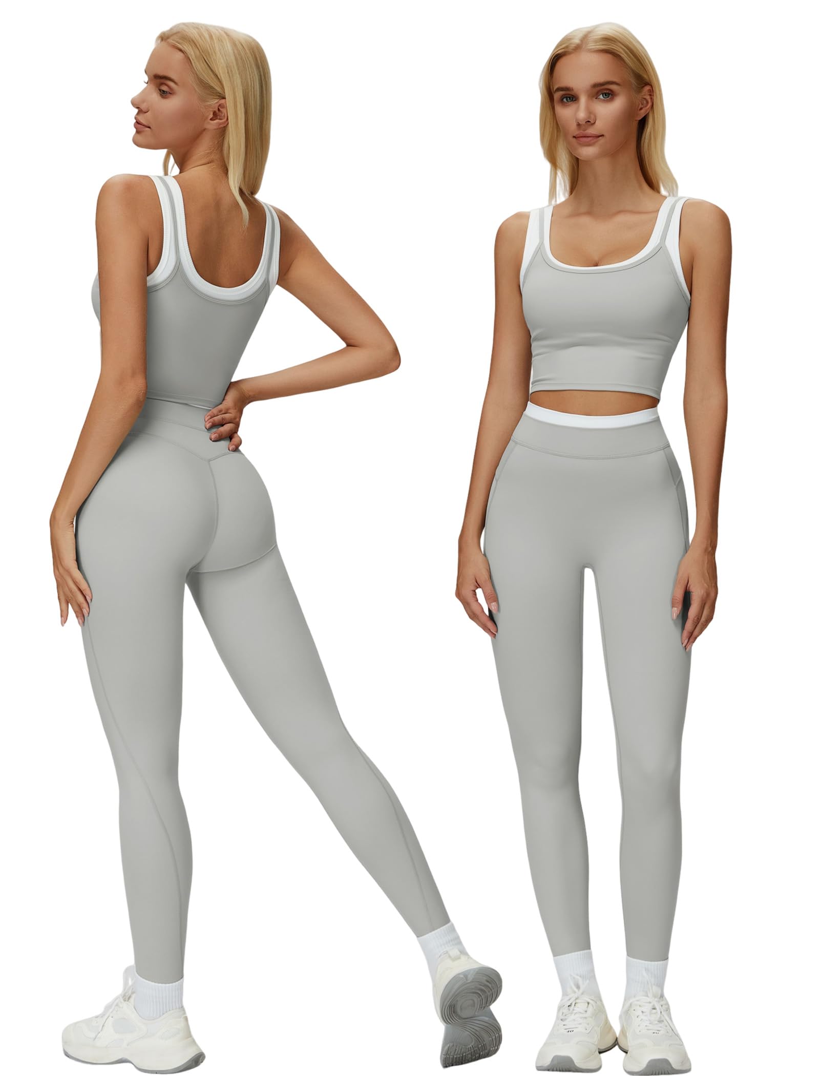 Women 2 Piece Workout Sets Racerback Color Block Tank Tops High Waist Tummy Control Activ…