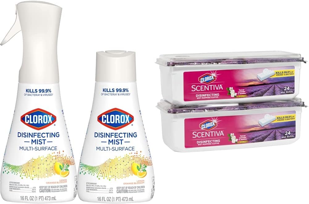 Clorox Cleaning Bundle-Disinfecting Mist Lemon& Orange Blossom Scent (1 Spray Bottle & 1 Refill, 16 Fl Oz Each) Scentiva Wet Mopping Cloths, Tuscan Lavender-Jasmine Scent-2-Pack, 24ct Each