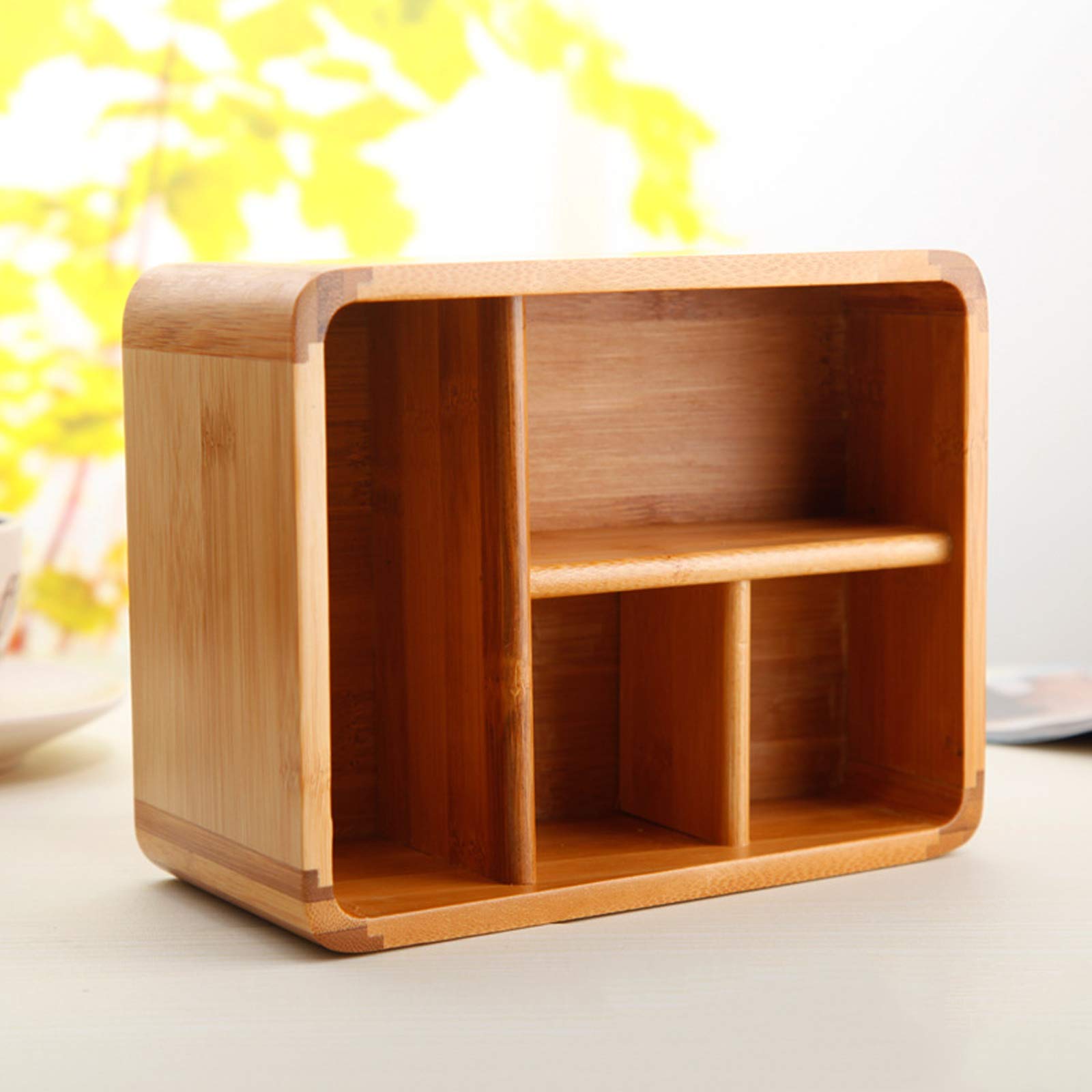 Boîte de rangement de bureau, 4 Compartiments en Bambou Multi-Fonctionnels Organisateur Télécommande TV Home Articles divers, Rangement en bois boîte de Cosmétique #3