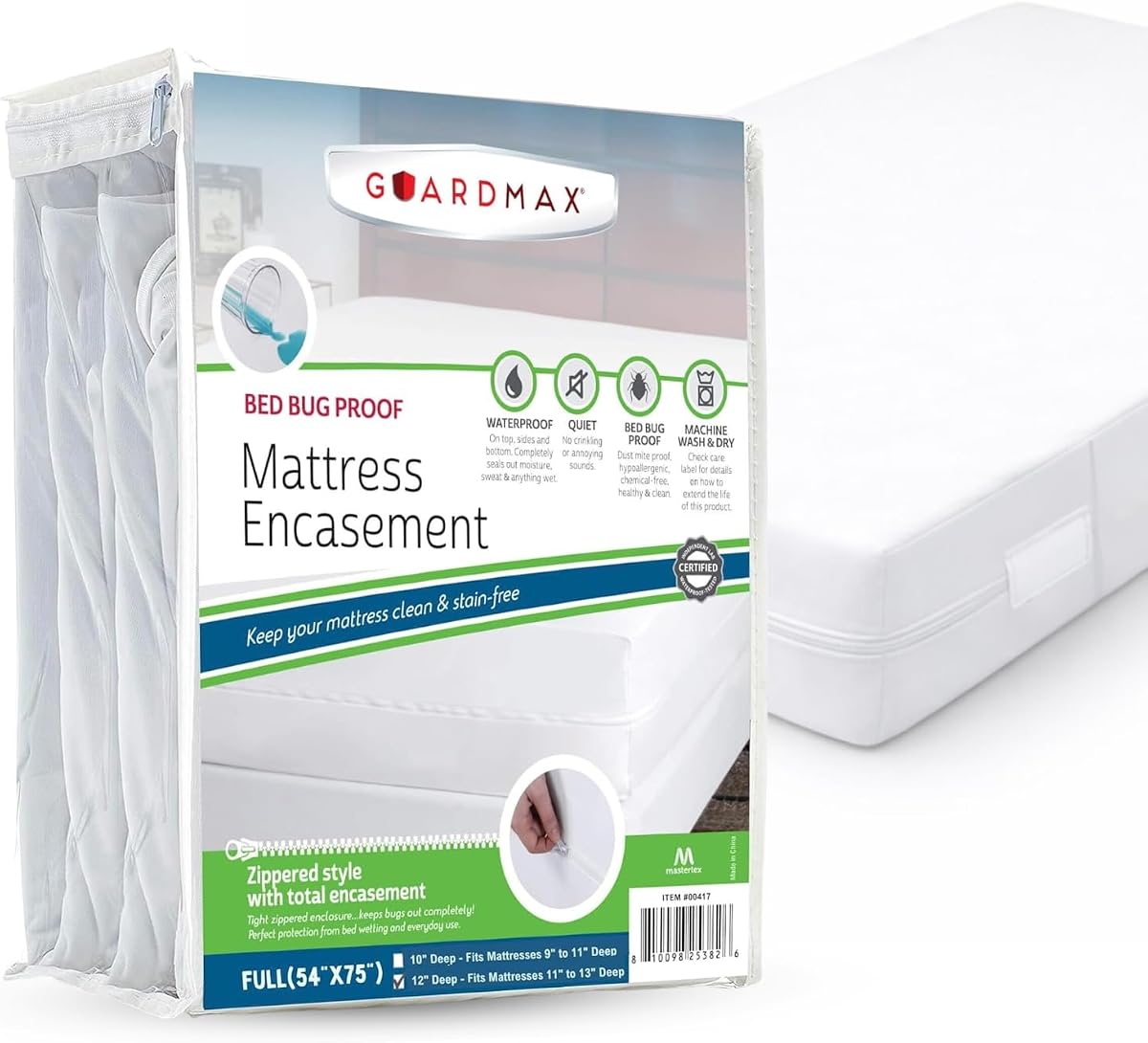 Guardmax Full Mattress Encasement with Zipper, Waterproof, Bed Bug Proof, and Dust Mite Proof Mattress Protector for Full Size Bed up to 12" Deep, Zippered All Around Jersey Knitted Mattress Cover