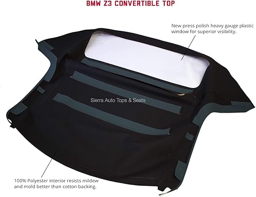 Miniatura 10 de Sierra Auto Tops Convertible Top Reemplazo para BMW 1996-2002 Z3, vinilo de grano de sarga, negro, ventana de plástico