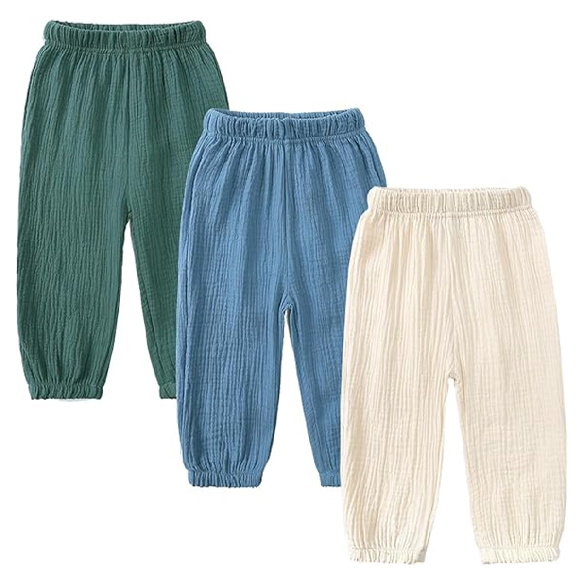 Lot de 3 Pantalon Bloomers Été pour Bébé Pantalon en Coton Lin Pantalon Bouffant à Couleur Unie Pantalons de Survêtement Harem Été Pantalon Long Décontracté Jogging pour Garçon Fille 1-8 Ans