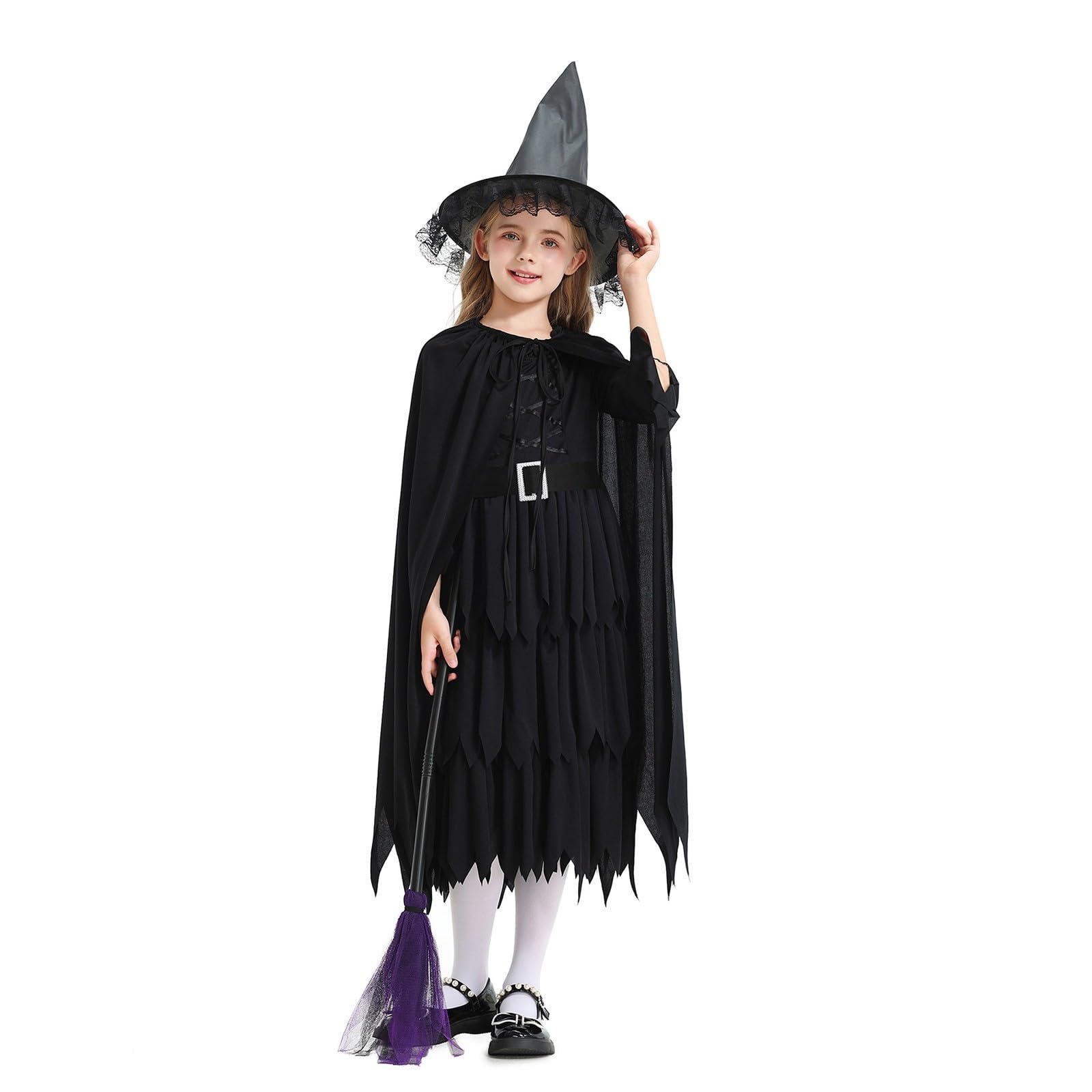 Generisch Costume di Halloween per bambini, set da strega per cosplay e Halloween | Mantello con cappuccio, cappello a punta, scopa, vestito, per travestimenti di carnevale e palcoscenico