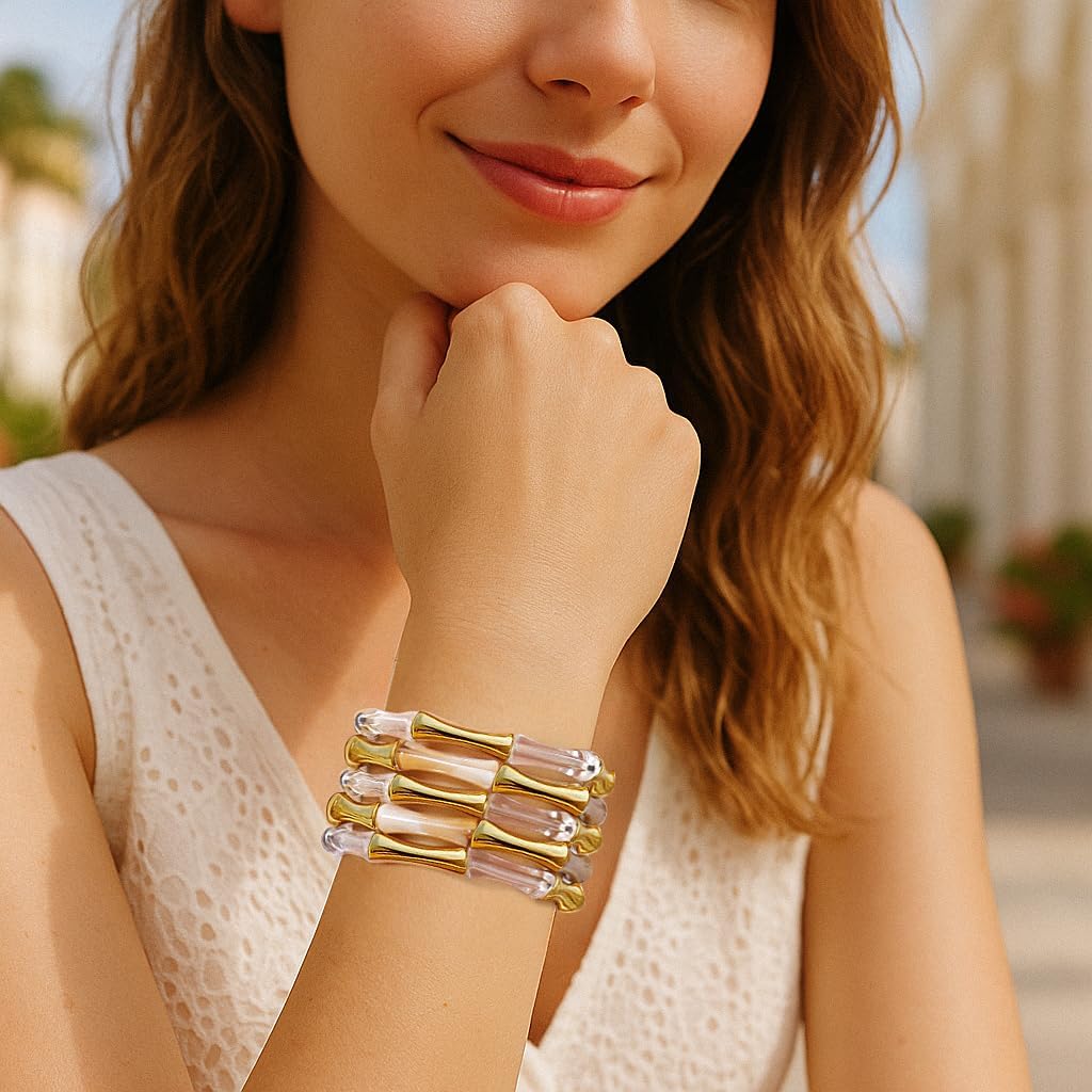 Gold Tube Bangle Bracelets for Women Stackable Bamboo Chunky Acrylic Beads Stretch Friendship Summer Beach Bracelet Jewelry - Image 3