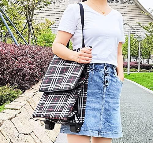 Fineget Foldable Shopping Trolley Picnic Beach Tote Bag with Wheels Collapsible Reusable Utility Grocery Cart for Women Senior BBQ Laundry School Teacher Ktchen Grid Pattern