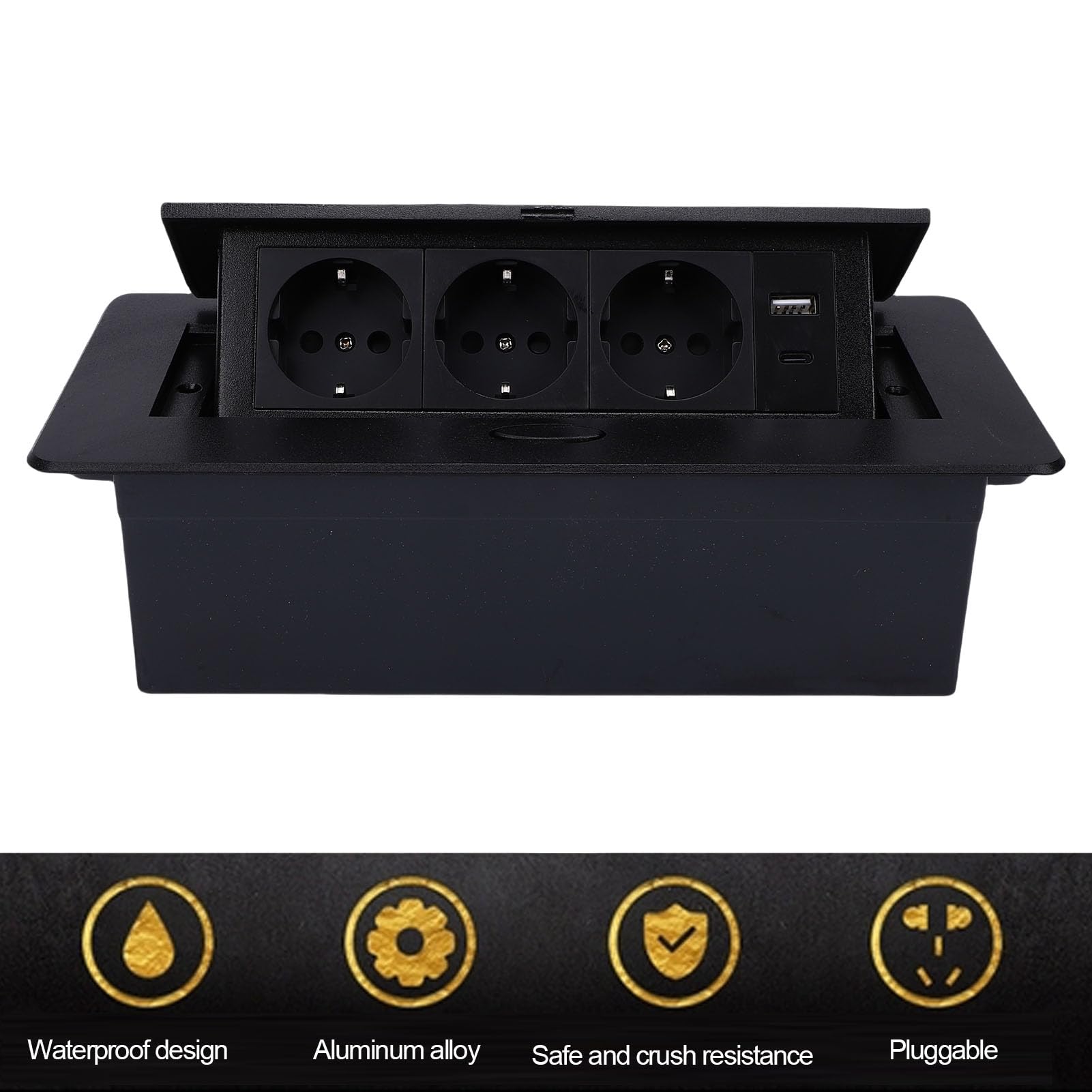Wysuwane Gniazdko do Komputera Stacjonarnego z 20 W USB C i 3 | Konstrukcja Wpuszczana, Panel Odporny na Zarysowania ABS, Tłumienie Powolnego Odbicia, Wskaźnik LED, IP40, do Biurek