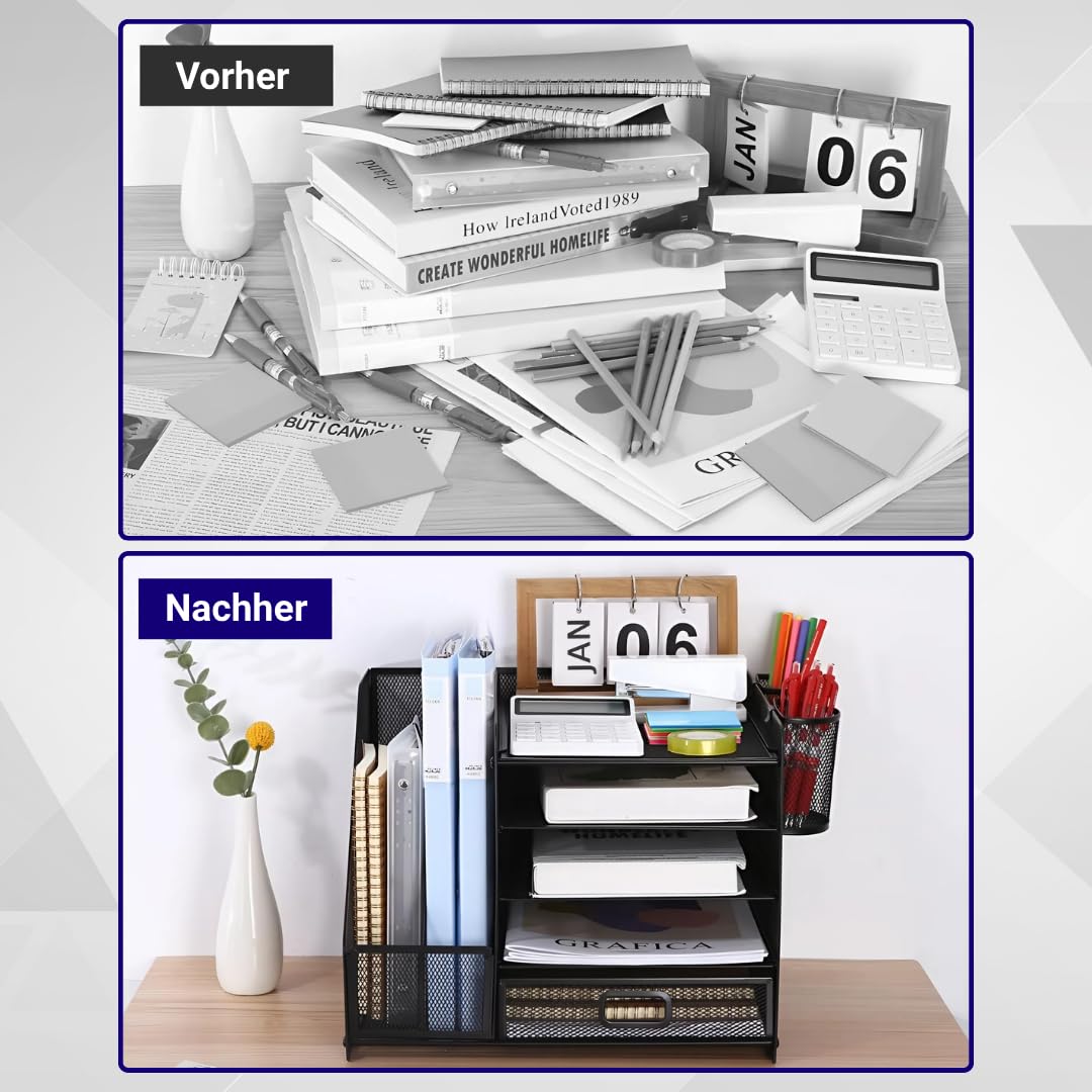 Lukana Schreibtisch Organizer mit 5 Ablagen – Briefablage, Stiftehalter & Schublade – Büro Organizer aus Metall Mesh – Dokumentenablage A4 – Platzsparend Schwarz