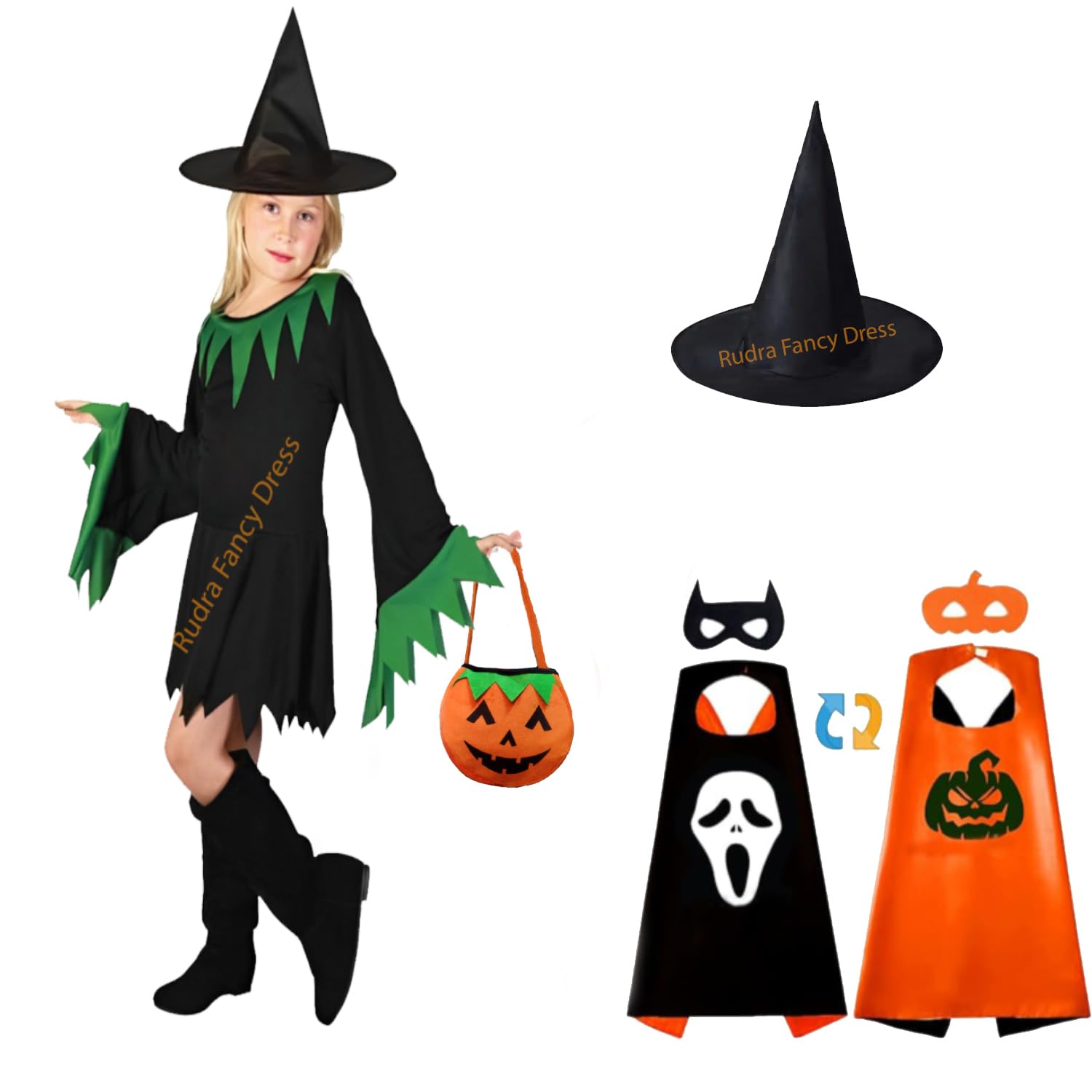 Rudra Fancy Dress Halloween costumes for kids | Halloween dress for girls (6-7 Years, H - Witch(Costume+Hat+Reversible Cape+Pumpkin Bag)) (B0CKBQ7X24) Amazon Price History, Amazon Price Tracker
