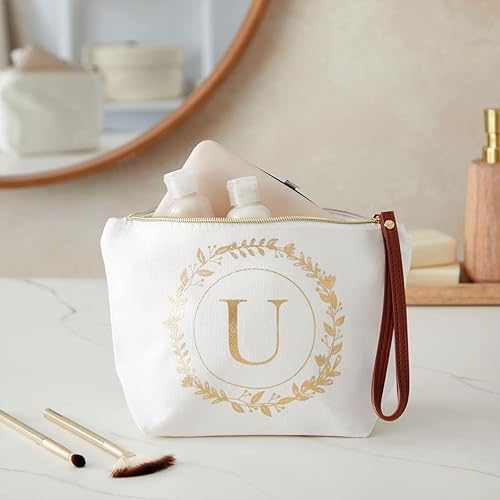 Miniatura 2 de Bolsa de maquillaje personalizada con inicial dorada para mujer, bolsa de cosméticos de lona con monograma, color blanco, Blanco, Dorado, U