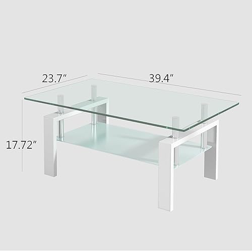 Miniatura 7 de Moderna mesa auxiliar rectangular de vidrio de 2 niveles, mesa de té de vidrio templado transparente para sala de estar, 39.4 x 23.7 x 17.68