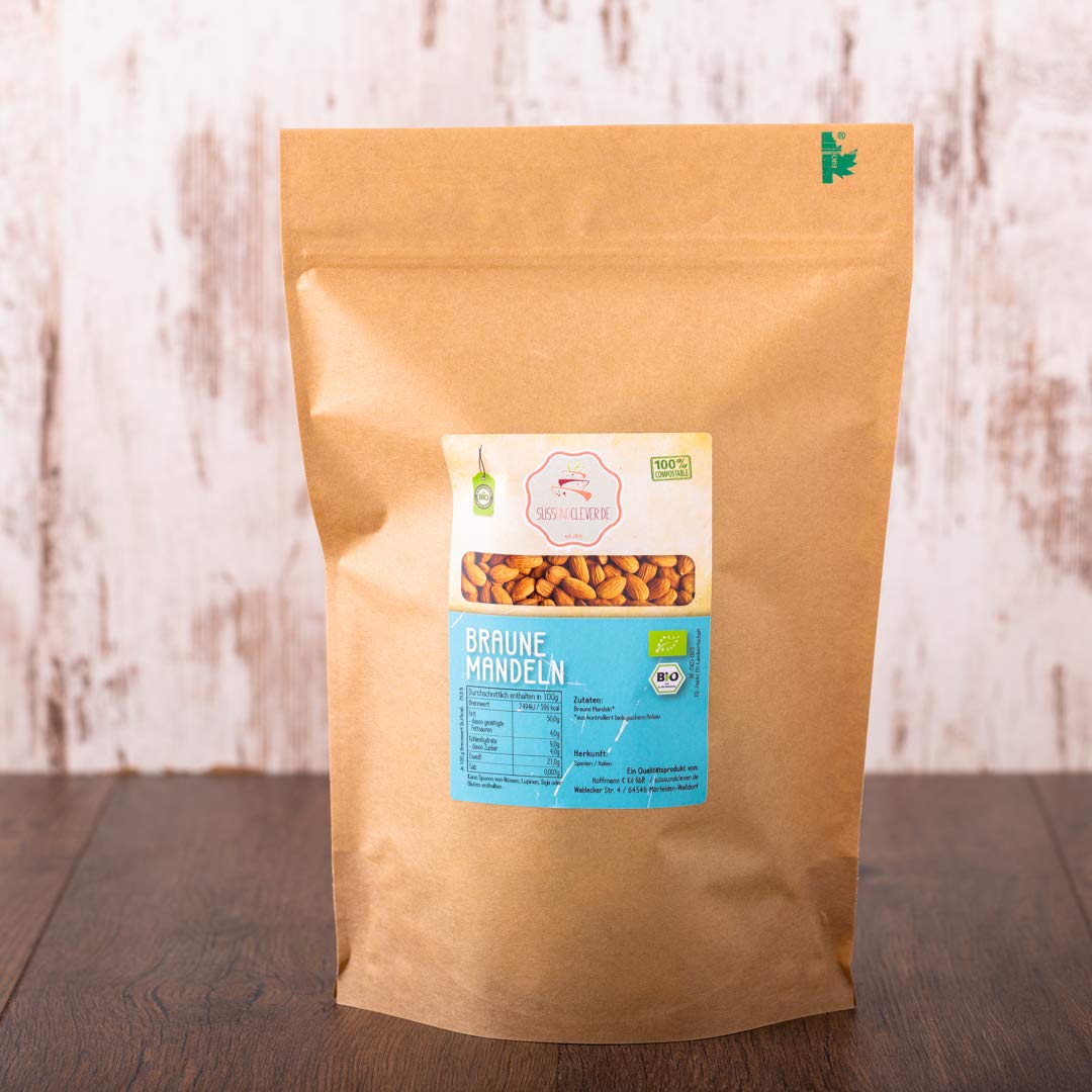 süssundclever.de® Bio Mandeln braun | 1,0 kg | Guara Mandeln aus Spanien | Natur | plastikfrei und ökologisch-nachhaltig verpackt