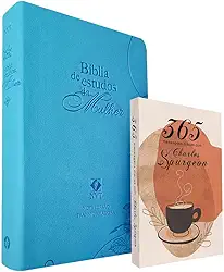 Kit Bíblia de Estudos da Mulher NVT Azul Flores + Devocional Charles Spurgeon Café