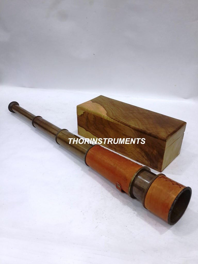 Antique Nautical Telescope Red Leather W/Natural Wooden Box Rustic Vintage Home Decor Gifts