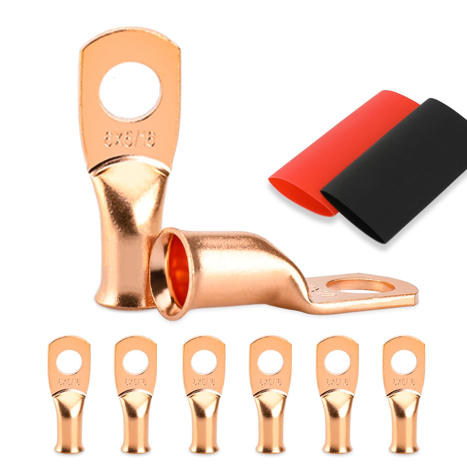 HOUSUN Battery Cable Ends, 8PCS 6 Gauge Wire Connectors 5/16 Copper Wire Lugs, Bare Copper Eyelets with Heat Shrink Tubing
