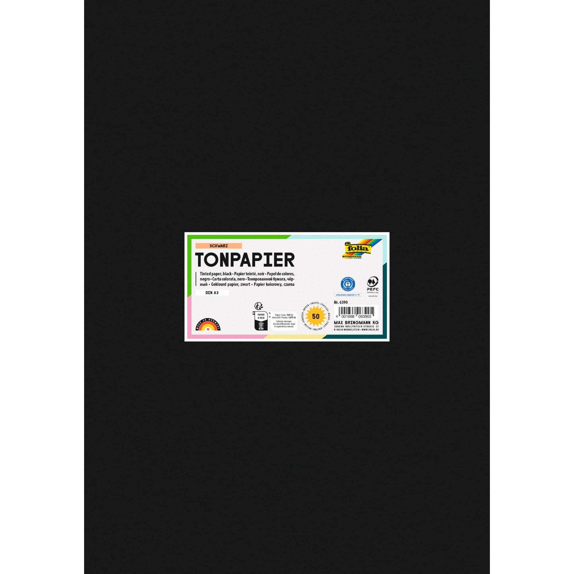 folia 6390 Coloured Paper DIN A3 130 g/m² 50 Sheets for Crafts and Creative Design of Cards, Window Pictures and Scrapbooking