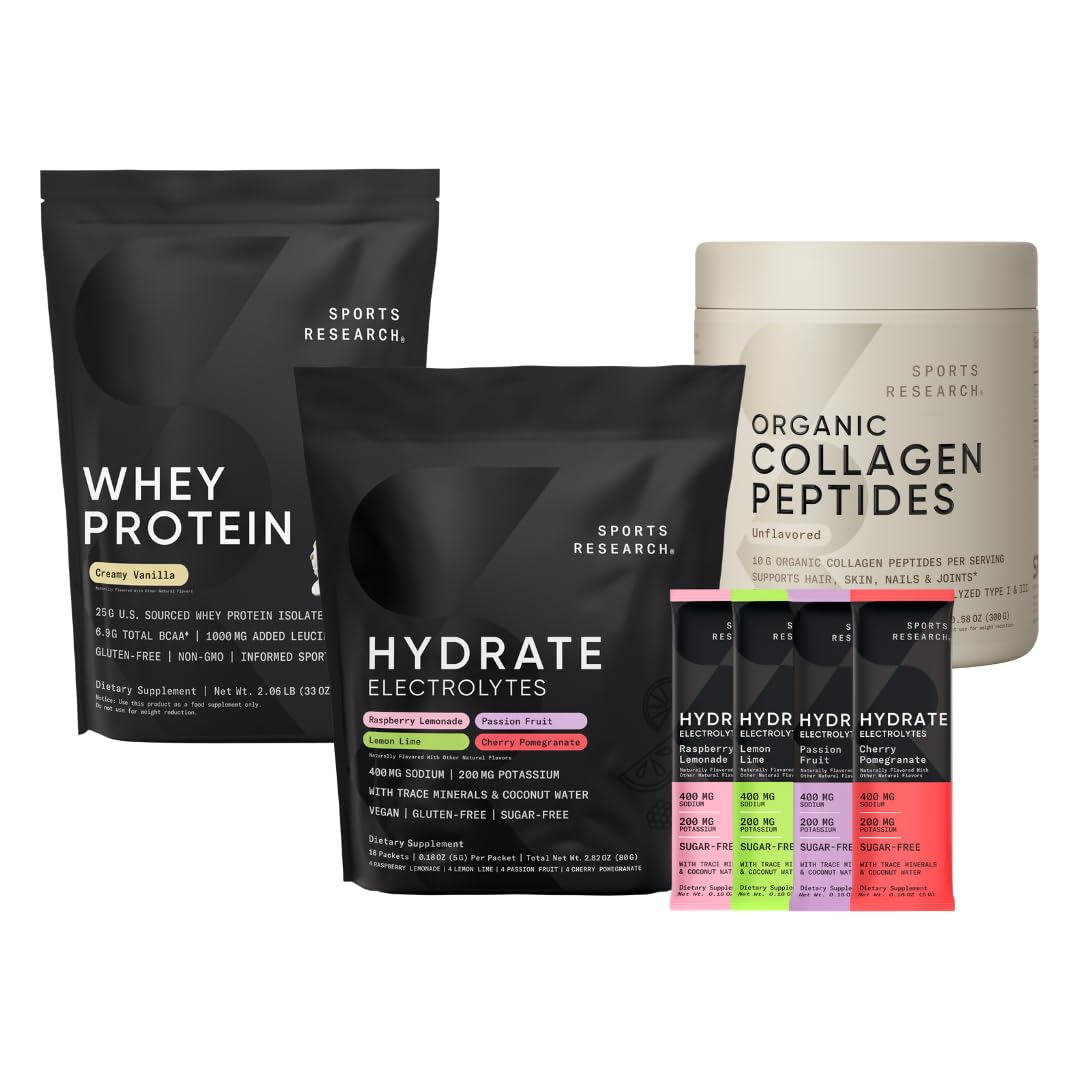 Sports Research Organic Collagen Peptides Unflavored - 30 Servings Hydrate Electrolytes Powder Packets Variety Pack - 16 Servings
