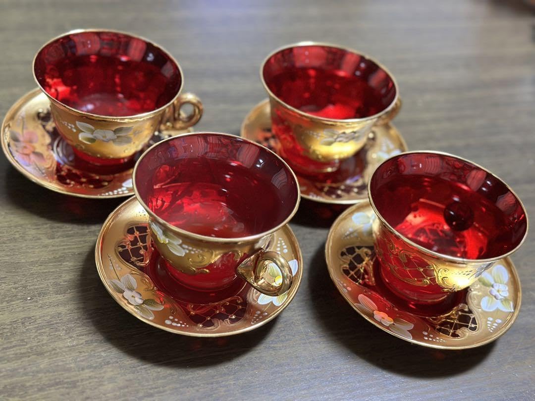 Amazon.co.jp: ベネチアングラス ティーカップ セット 赤 カップ  