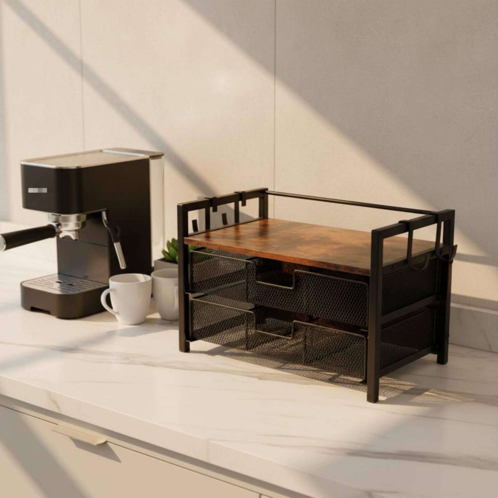 Portacapsule Caffè Doppio Strato Salvaspazio Organizzatore Capsule Caffè in Griglia Scorrevole da Organizzare Supporto in Legno Rustico per Cucina