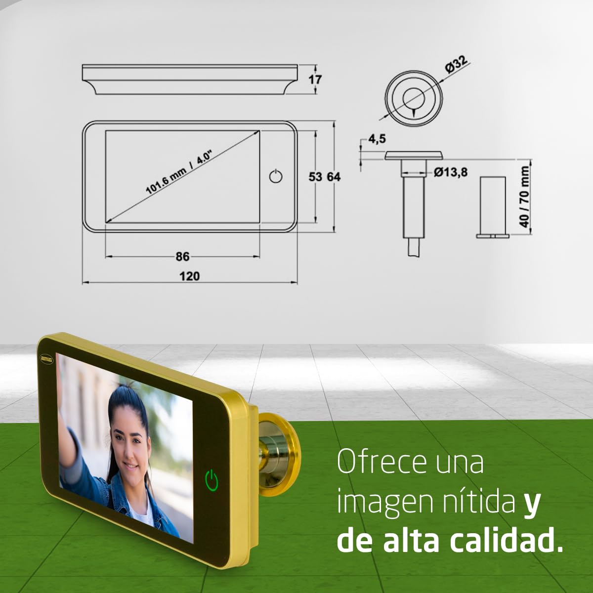 Amig - Mirilla Digital para Puertas - Pantalla LCD 4" TFT - Ángulo de Visión: 160° - Imágenes Claras - De Fácil Instalación y Uso - Color: Oro