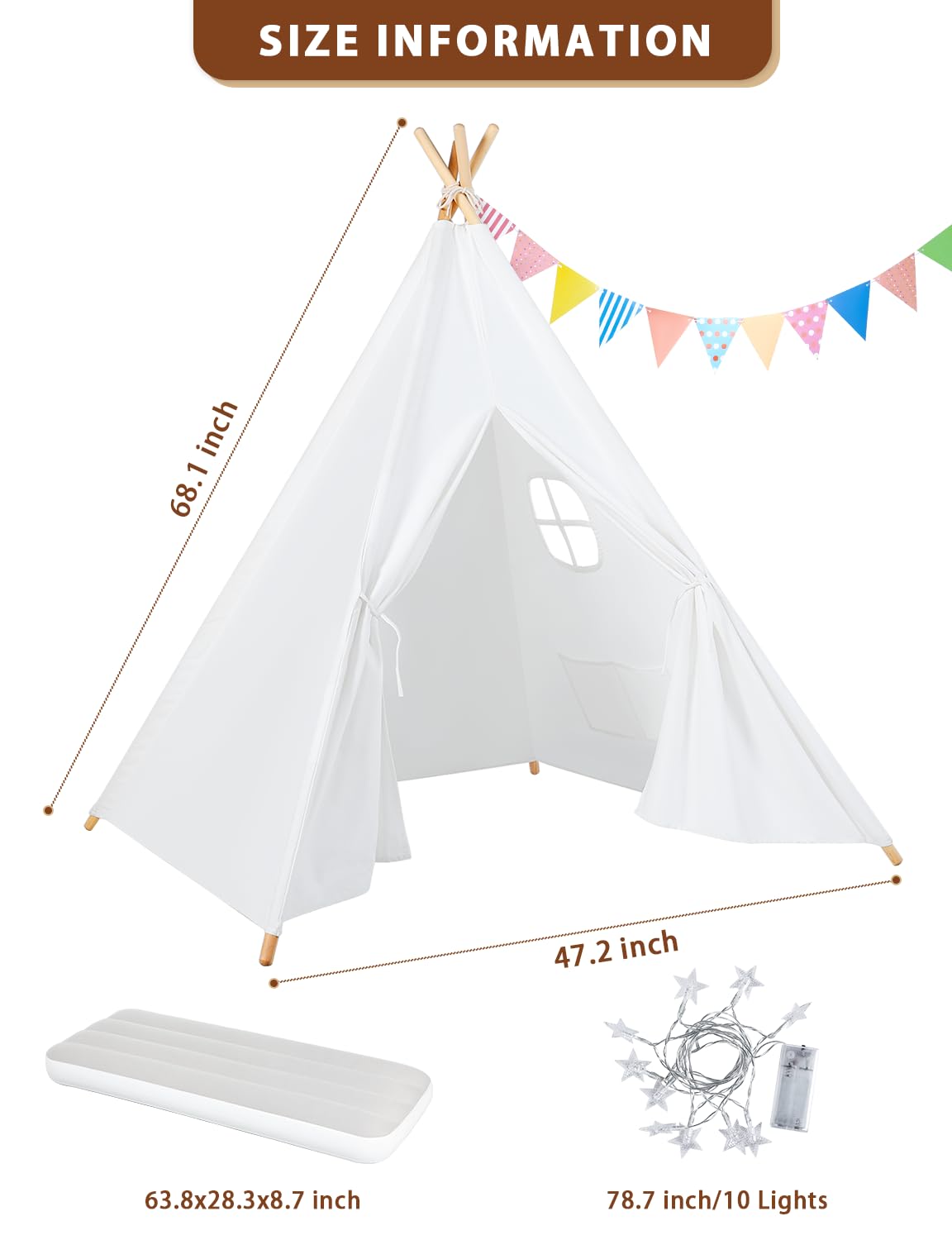 Teepee Play Tent for Kids with Gifts Coloured Flag, Feathers and Carry Case, Indoor Outdoor Playhouse for Baby Toddler, Teepee Toys for Boys and Girls