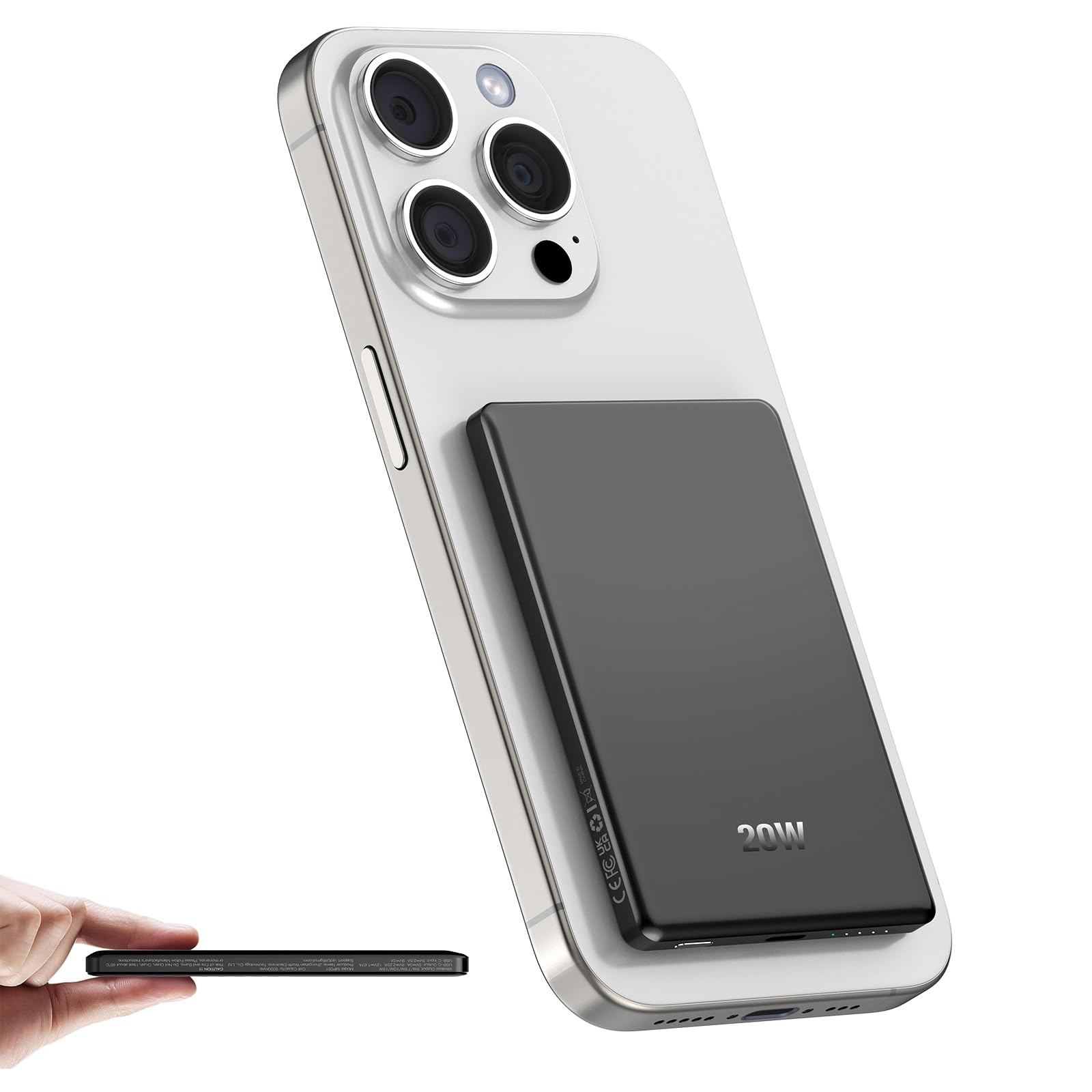 Dbasne Power Bank Magnetico, PD QC 3.0 Caricatore Portatile Wireless Ultrasottile 5000mAh, 20w Ricarica Rapida Batteria Esterna con e cavo di ricarica USB-C per iPhone 16/15/14/13 Pro/Plus(Nero)