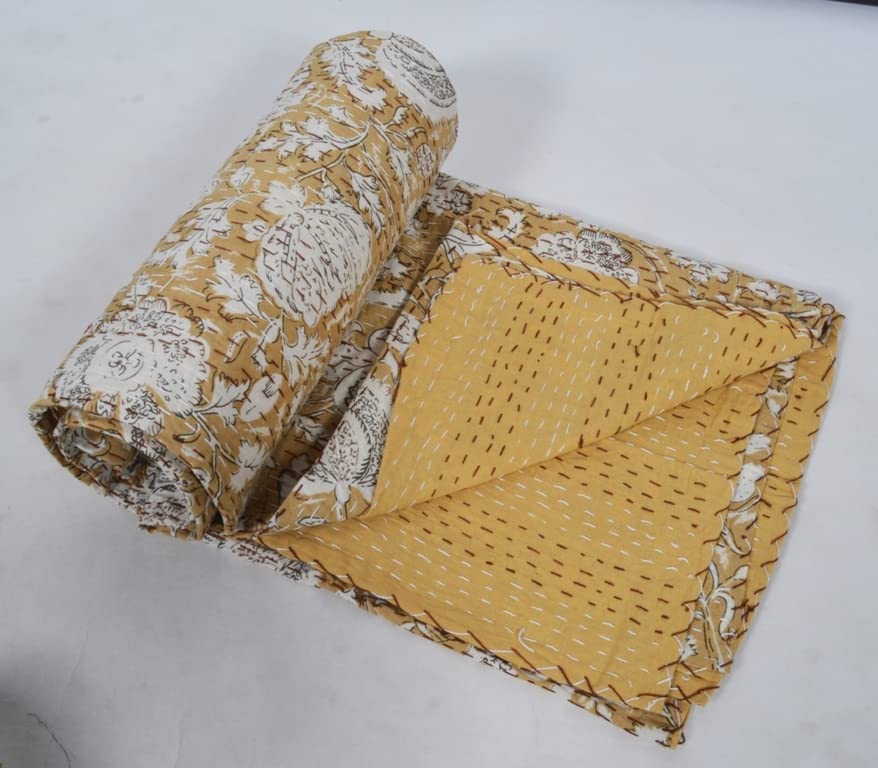 V Vedant Designs Floral Print Beautiful Kantha Quilt - Indian Hand Block Reversible Cotton Bedding Bedspread - Queen Size Vintage Kantha Gudari (Brown, Twin)