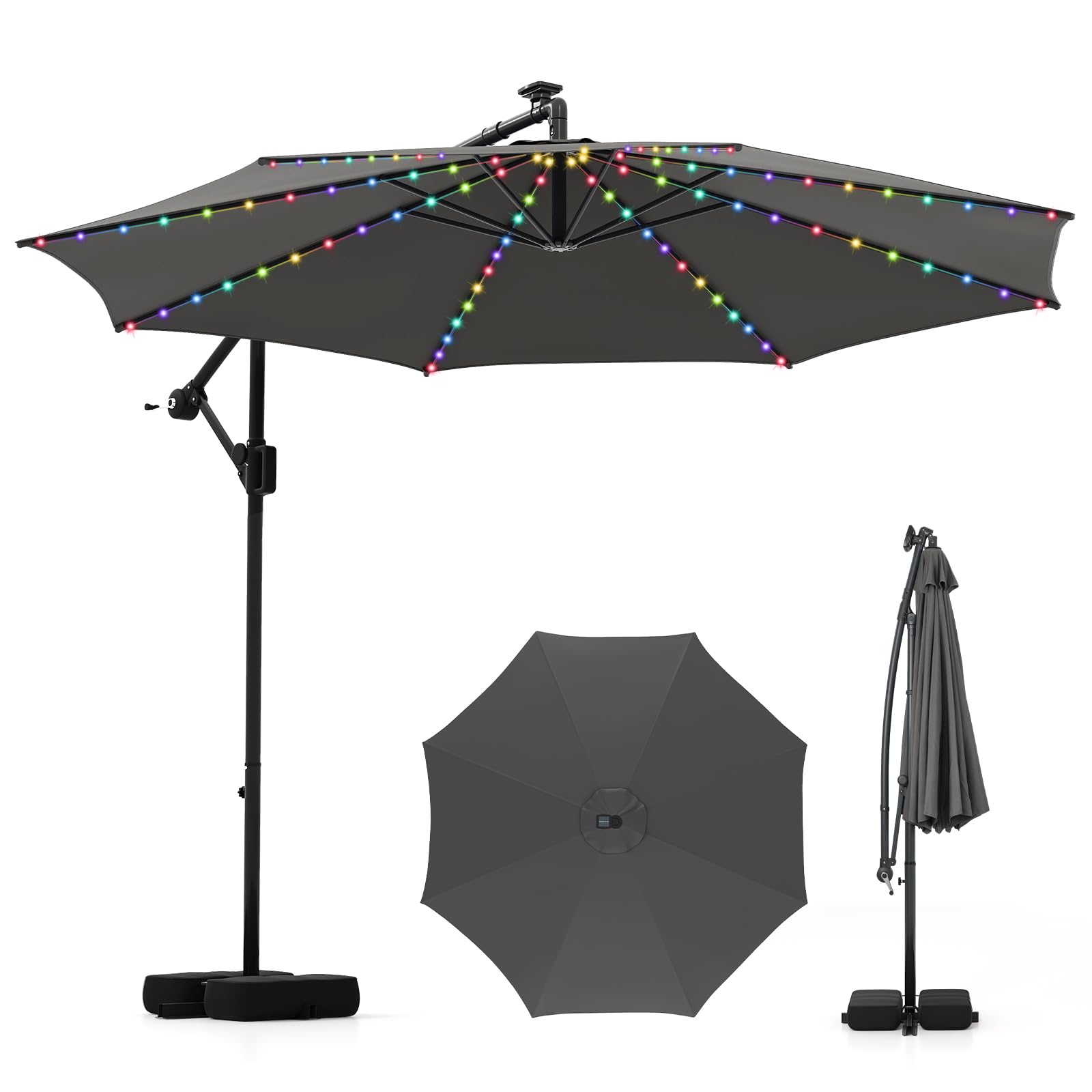 10ft Solar Cantilever Patio Umbrella With LED Lights – Tilt, Rotate, Includes Base